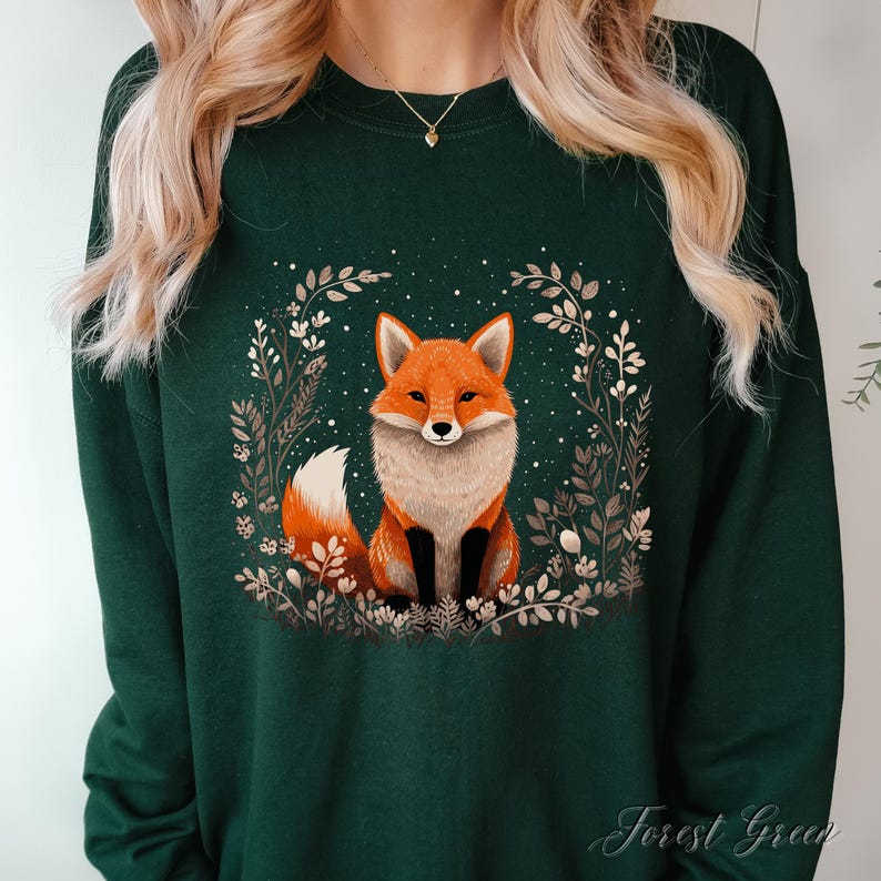 Bohemian Red Fox Sweatshirt, Cute Fox Sweater, Cottage core Fall Autumn Jumper, Woodland Forest Animal Shirt, Winter Boho Clothes, Fox Gifts image 3