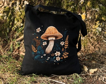 Mushroom Tote Bag, Botanical Nature Tote Bag, Forestcore Tote Bag, Fall Autumn Tote Bag, Foraging Bag, Black Cotton Canvas Bag