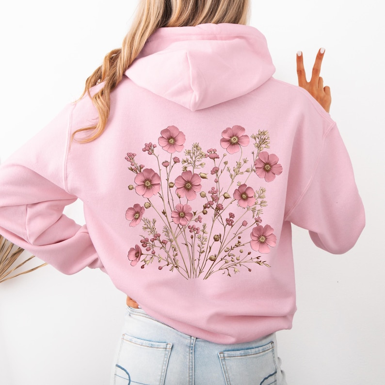 Soft Pink Wildflower Hoodie, Flower Hoodie, Floral Hoodie, Fairycore Cottage core Pullover Back Graphic Hoodie, Boho Clothes, Gifts for Her image 2