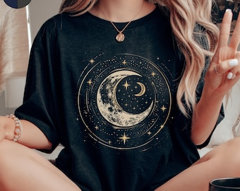 Crescent Moon Tshirt, Celestial Moon and Stars T Shirt, Boho Vintage Moon T Shirt, Cottagecore Mystic Moon T-shirt, Bohemian Hippie Tee