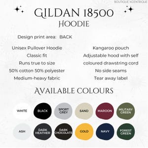 May include: Gildan 18500 Hoodie available in a variety of colors including white, black, sport grey, sand, maroon, military green, ash, dark heather, dark chocolate, gold, navy, and forest green. The hoodie features a kangaroo pouch, adjustable hood with self-colored drawstring cord, no side seams, and a tear away label.
