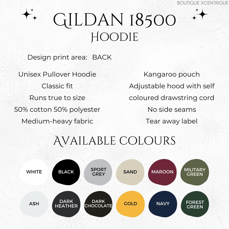 May include: Gildan 18500 Hoodie available in a variety of colors including white, black, sport grey, sand, maroon, military green, ash, dark heather, dark chocolate, gold, navy, and forest green. The hoodie features a kangaroo pouch, adjustable hood with self-colored drawstring cord, no side seams, and a tear away label.