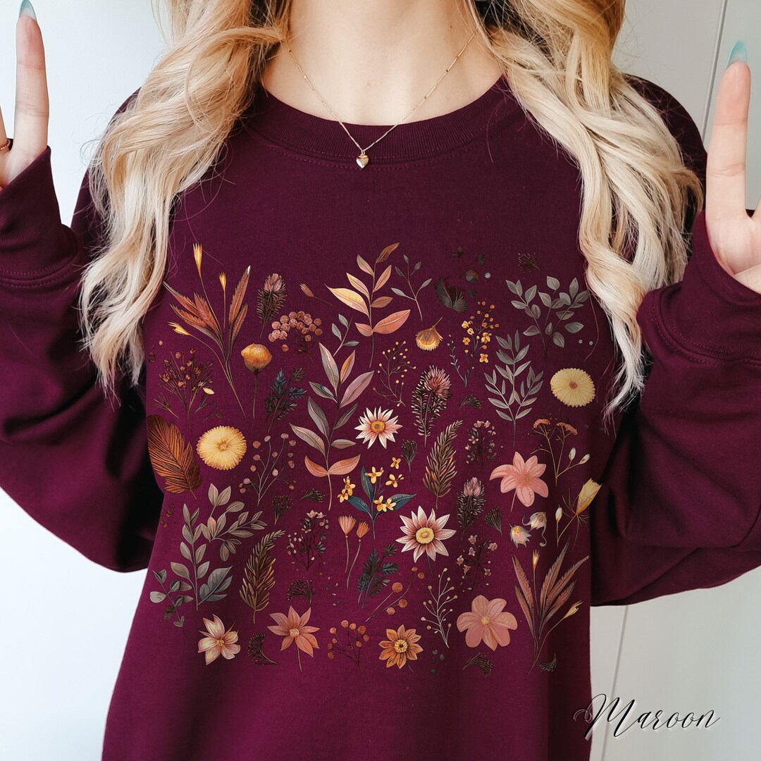 Autumnal Wildflowers Oversized Crewneck Sweatshirt, Botanical Flower