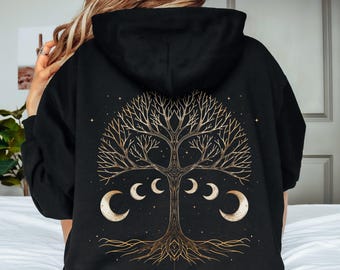 Sweat à capuche arbre celtique, sweat à capuche Forest Witch Moon Phase, arbre de vie païen, vêtements alternatifs mystiques, vêtements gothiques gobelins, cadeaux wicca