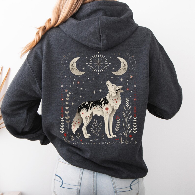 Scandinavian Wolf Hoodie, Wolf and Moon Hoody, Forest Animal Hoodie, Mystical Hoodie, Boho Wolf Clothes, Woodland Creatures, Wolf Lover Gift image 4