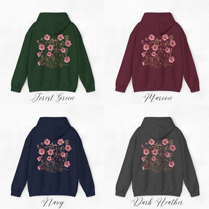 May include: Four different color hoodies with a floral design on the back. The colors are forest green, maroon, navy, and dark heather.