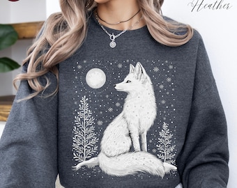 Arctic Fox Jumper, Cute White Fox Sweatshirt, Christmas Sweatshirt, Boho Snowy Fox Sweater, Cottagecore Winter Sweatshirt, Fox Gifts For Her