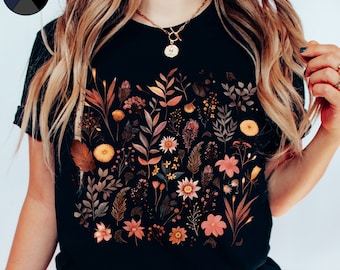 Koszula z jesiennymi kwiatami, T-shirt w kwiaty w stylu boho, T-shirt z jesiennymi kwiatami, T-shirt z dzikimi kwiatami, ubrania w stylu cottagecore, estetyczny top z jesiennymi kwiatami