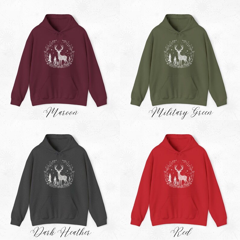 May include: Four hooded sweatshirts in maroon, military green, dark heather, and red. Each sweatshirt features a white graphic of a deer inside a wreath with the text "Maroon", "Military Green", "Dark Heather", and "Red" below each sweatshirt.