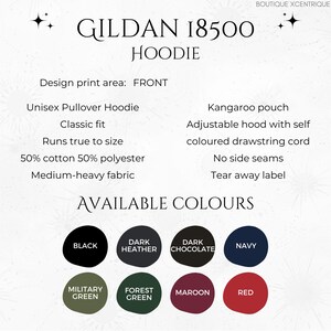 May include: A product information graphic for a Gildan 18500 hoodie. The text details features like a unisex pullover style, classic fit, and available colors including black, navy, and red. The design print area is the front of the hoodie.