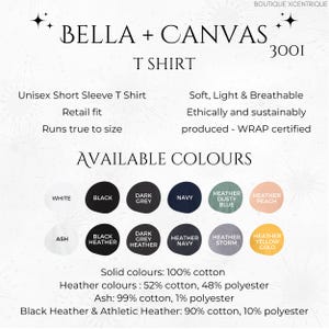 May include: Bella + Canvas T-shirt in various colors, including white, black, navy, heather dusty blue, heather peach, ash, black heather, dark grey heather, heather navy, heather storm, and heather yellow gold. The text "Solid colors: 100% cotton" and "Heather colors: 52% cotton, 48% polyester" is displayed below the color swatches.