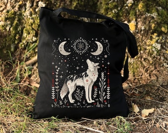 Scandinavian Wolf Tote Bag, Mystic Wolf Bag, Wolf Moon Tote Bag, Mystical Alt Bag, Folklore Aesthetic Tote Bag, Black Canvas Bag, Wolf Gifts