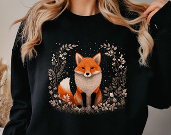 Sweat-shirt ras du cou bohème botanique renard roux, pull pour amoureux des animaux, vêtements cottagecore, animaux de la forêt nature, vêtements fairycore