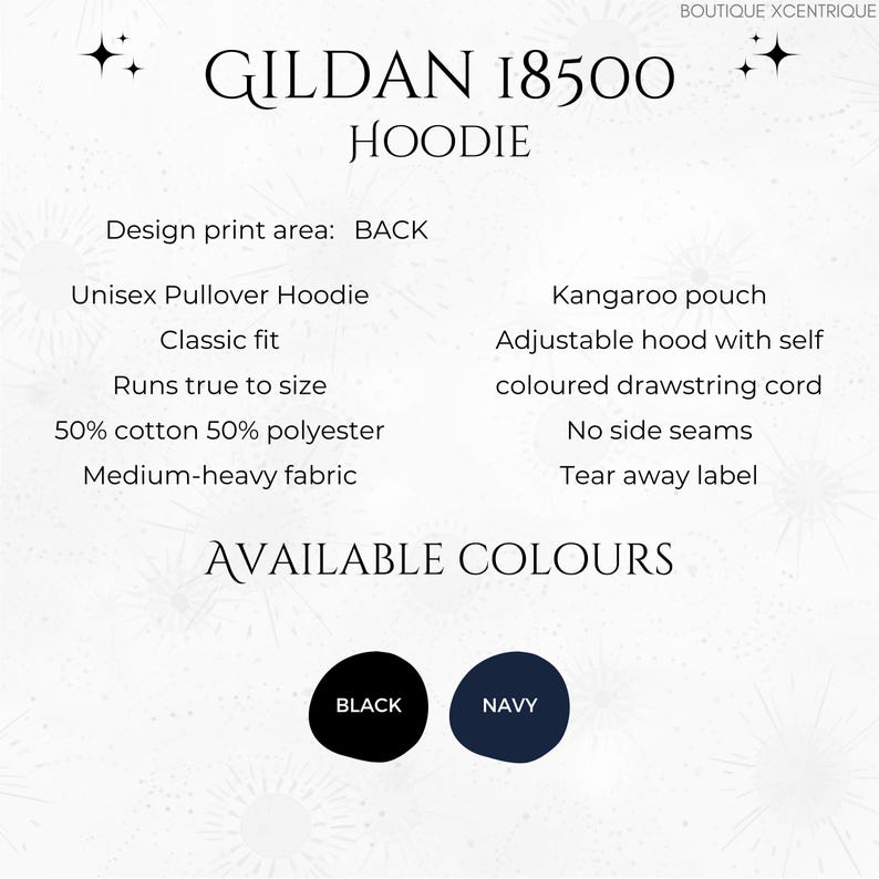 Peut inclure: Sweat-shirt Gildan 18500 en noir et marine. Sweat-shirt &agrave; capuche unisexe avec une poche kangourou, une capuche r&eacute;glable avec un cordon de serrage de la m&ecirc;me couleur, pas de coutures lat&eacute;rales et une &eacute;tiquette d&eacute;tachable. 50% coton et 50% polyester.