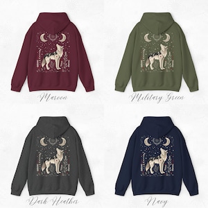 May include: Four hooded sweatshirts with a wolf howling at the moon graphic on the back. The sweatshirts are in maroon, military green, dark heather grey, and navy blue.