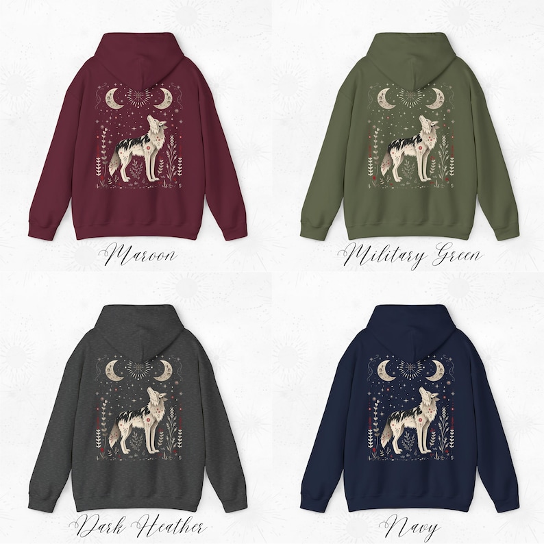 May include: Four hooded sweatshirts with a wolf howling at the moon graphic on the back. The sweatshirts are in maroon, military green, dark heather grey, and navy blue.