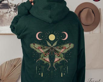 Whimsigoth Luna Moth Hoodie, Moth and Moon Phase Hoodie, Moon Moth Aesthetic Hoodie, Celestial Mystical Hoodie, Dark Academia, Witchy Gifts