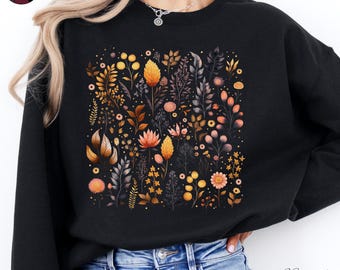Autumn Sweatshirt, Wild Flower Jumper, Boho Floral Sweatshirt, Cottagecore Fall Sweater, Woodland Forest Shirt, Vintage Bohemian Sweatshirt