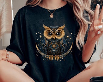Owl on a Crescent Moon Shirt, Bohemian Owl T Shirt, Mystical Owl Tshirt, Vintage Style Moon Owl Shirt, Boho Shirt, Hippie Clothes, Owl Gifts