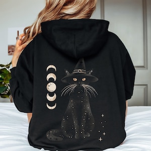 Halloween-Katze Hoodie, Mond-Katze-Sweatshirt, Mondphase & schwarze Katze Hoodie, Hexe Katze Halloween Hoodie, gruselige Saison Herbst Herbst Hoodie