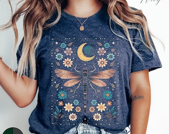 Vintage Dragonfly Graphic Tee, Fairycore Dragonfly Tshirt, Moon and Dragonfly Shirt, Mystical Flower Shirt, Boho Shirt, Hippie Clothes