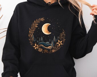 Bluza z kapturem w stylu boho z półksiężycem, bluza z kapturem w stylu boho w stylu vintage, bluza z kapturem z kwiatowym wzorem w stylu cottage core, bluza z kapturem z kwiatowym wzorem księżyca, bluza z kapturem w stylu bożonarodzeniowym