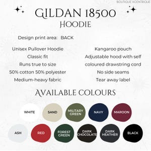 May include: A product information sheet for a Gildan 18500 hoodie. The sheet lists features such as a unisex pullover style, classic fit, and available colors including white, sand, navy, and black. The design print area is on the back.