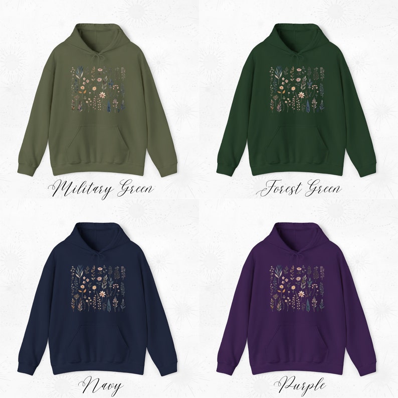 May include: Four hooded sweatshirts in different colors: military green, forest green, navy blue, and purple. Each sweatshirt features a floral print design on the front.