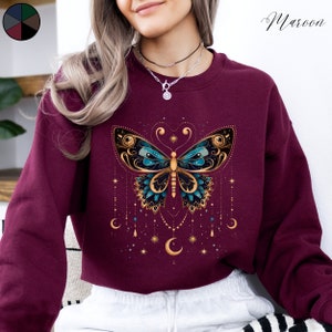 Boho Butterfly Sweatshirt, Butterfly Moon and Star Jumper, Vintage Sweater, Boho Clothes, Mystical Butterfly Shirt, Bohemian Hippie Clothes