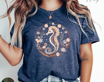 Camiseta de caballito de mar estilo vintage, camiseta con estampado de criaturas marinas, camiseta floral de caballito de mar, camiseta de animales marinos del océano, camiseta de playa, camiseta bohemia de verano