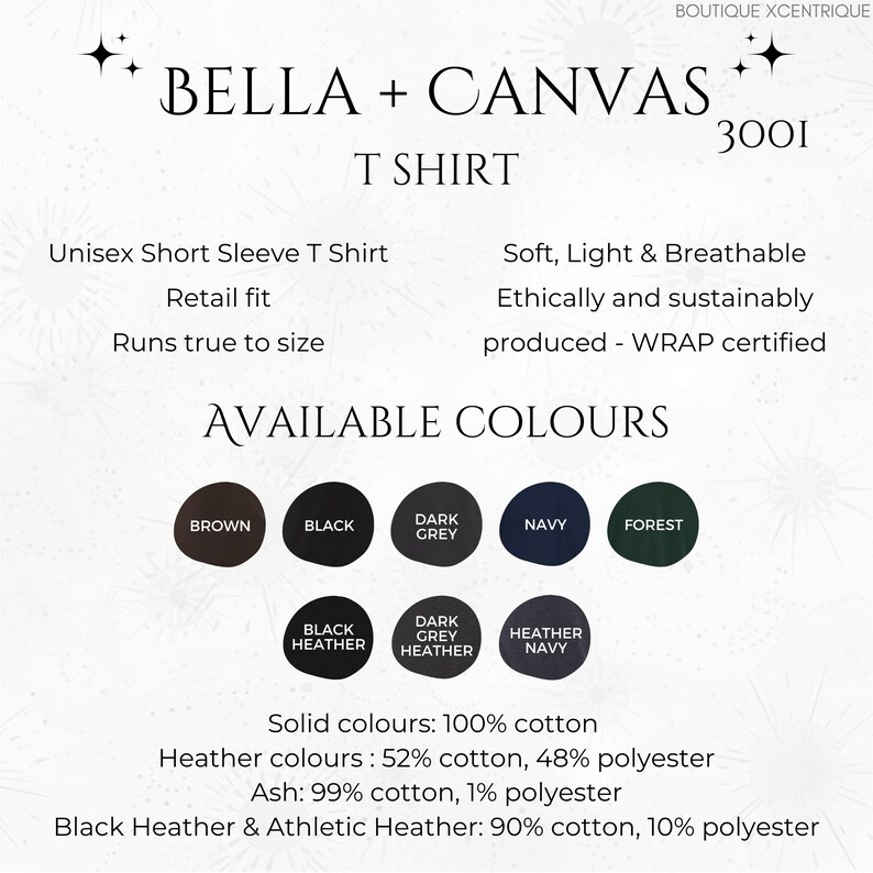 May include: A product information graphic for a Bella + Canvas T-shirt, model 3001. The image displays the shirt's features, including being soft, light, and breathable. Available colors are shown: brown, black, dark grey, navy, and forest.