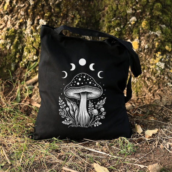 Celestial Mushroom and Moon Bag, Mushroom Bag, Black Tote 