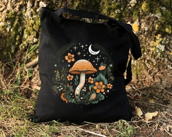 Dark Cottagecore Moon Mushroom Tote Bag, Mystic Forestcore Black Cotton Tote, Witchy Woodland Goblincore Bag, Mushroom Gifts