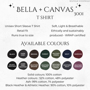 Pu&ograve; includere: Immagine di una maglietta Bella + Canvas, modello 3001, con una variet&agrave; di colori disponibili: nero, grigio scuro, marrone, verde foresta, verde militare, blu navy e bordeaux. La maglietta &egrave; descritta come morbida, leggera, traspirante e prodotta eticamente.