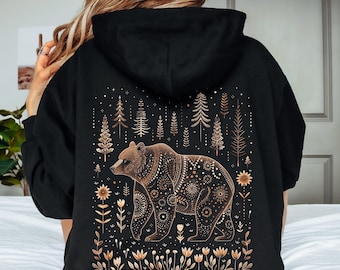 Scandinavian Bear Hoodie, Cottagecore Animal Graphic Hoodie, Vintage Aesthetic Clothing, Bohemian Folklore Hoody, Boho Clothes, Bear Gifts