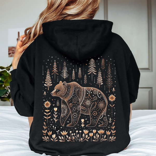 Scandinavian Bear Hoodie, Cottagecore Animal Graphic Hoodie, Vintage Aesthetic Clothing, Bohemian Folklore Hoody, Boho Clothes, Bear Gifts