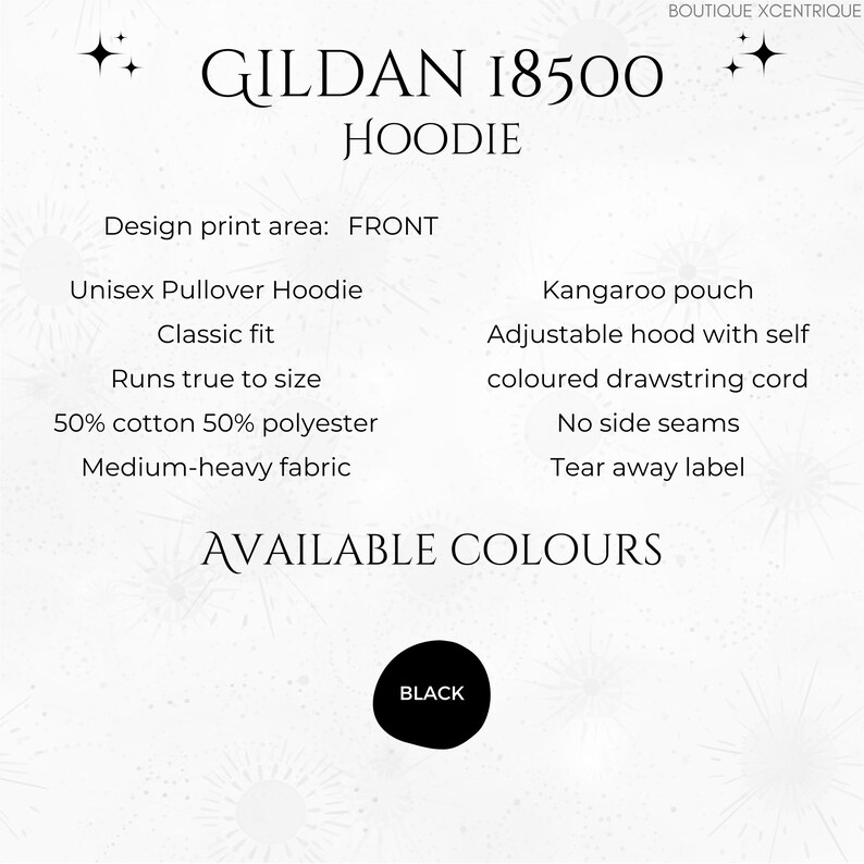 May include: Gildan 18500 Hoodie in black. Unisex pullover hoodie with a kangaroo pouch, adjustable hood with self-colored drawstring cord, no side seams, and a tear-away label. Classic fit, runs true to size, 50% cotton and 50% polyester, medium-heavy fabric.