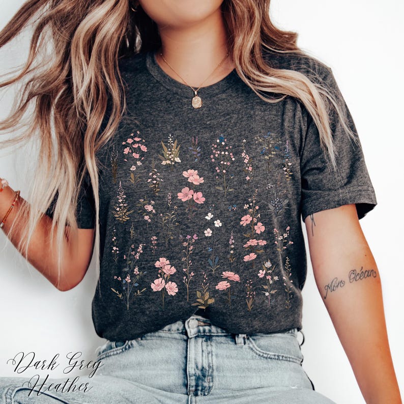 Delicate Wildflower Shirt, Garden Plants Shirt, Botanical Floral Shirt, Boho Flower Shirt, Pink Wild Flower Tshirt, Cottagecore T Shirt image 3