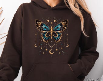 Vintage Butterfly Hoodie, Butterfly Moons and Stars Front Graphic Hoodie, Boho Celestial Aesthetic Hoodie, Hippie Clothes, Bohemian Clothing
