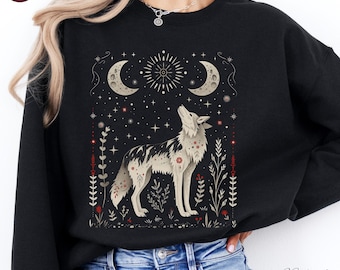 Scandinavian Wolf Jumper, Wolf Moon Clothes, Dark Forest Animal Sweater, Celestial Wolf Sweatshirt, Woodland Creatures, Mystic Wolf Clothes