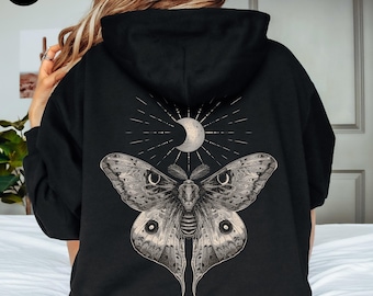 Celestial Moth Hoodie, Moth and Moon Hoodie, Gothic Moth Hoodie, Mystic Moth Hoody, Witch Sweatshirt, Goblincore Clothes, Alt Gothic Clothes