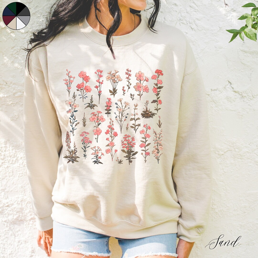 Pink Wildflowers Boho Jumper, Fairycore Flower Sweatshirt, Boho Floral