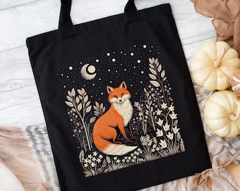 Mystic Moon Fox Tote Bag, Vintage Style Enchanted Forest Animal Bag, Folklore Cottagecore Bag, Fox Gifts