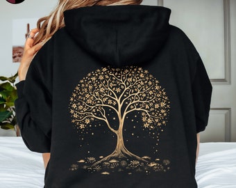Sweat à capuche vintage arbre de vie doré, sweat à capuche graphique avant/arrière, sweat à capuche arbre céleste, sweat à capuche arbre et étoiles cottagecore, vêtements bohème spirituel