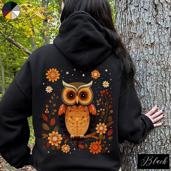 Mystical Owl and Flowers Back Graphic Pullover Hoodie, Cottagecore Aesthetic Boho Hooded Sweatshirt, Forest Animal Hoodie, Hippie Clothing