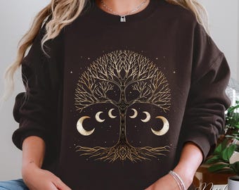 Celtic Tree Sweatshirt, Pagan Moon Phase Sweater, Forest Witch Tree of Life Shirt, Dark Nature Jumper, Alt Clothes, Gothic Witchy Gifts