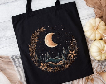 Botanical Crescent Moon Cottagecore Tote, Boho Moon and Vintage Wildflowers Cotton Tote, Floral Nature Lover Tote Bag, Black Boho Tote Bag