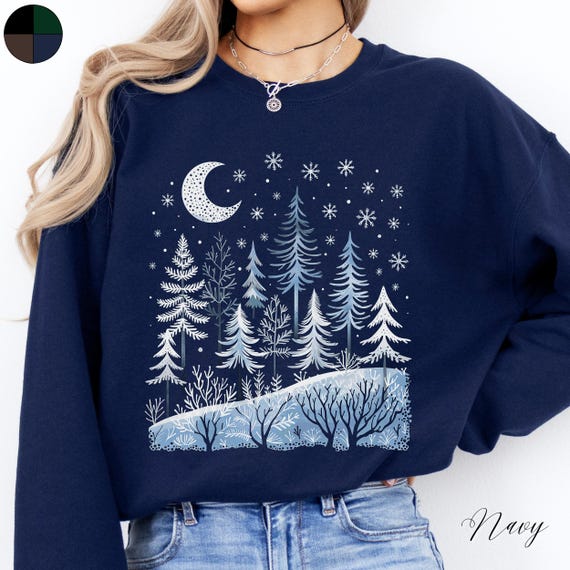 Celestial Winter Forest Sweater, Moon & Tree Sweatshirt, Snow Shirt, Winter Sweatshirt, Cottagecore Winter Jumper, Boho Christmas Sweatshirt