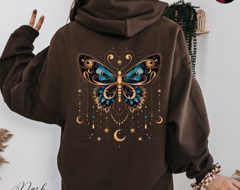 Butterfly Moons and Stars Hoodie, Celestial Butterfly Hoodie, Vintage Aesthetic Hoodie, Boho Clothes, Mystic Hippie Clothes, Butterfly Gifts