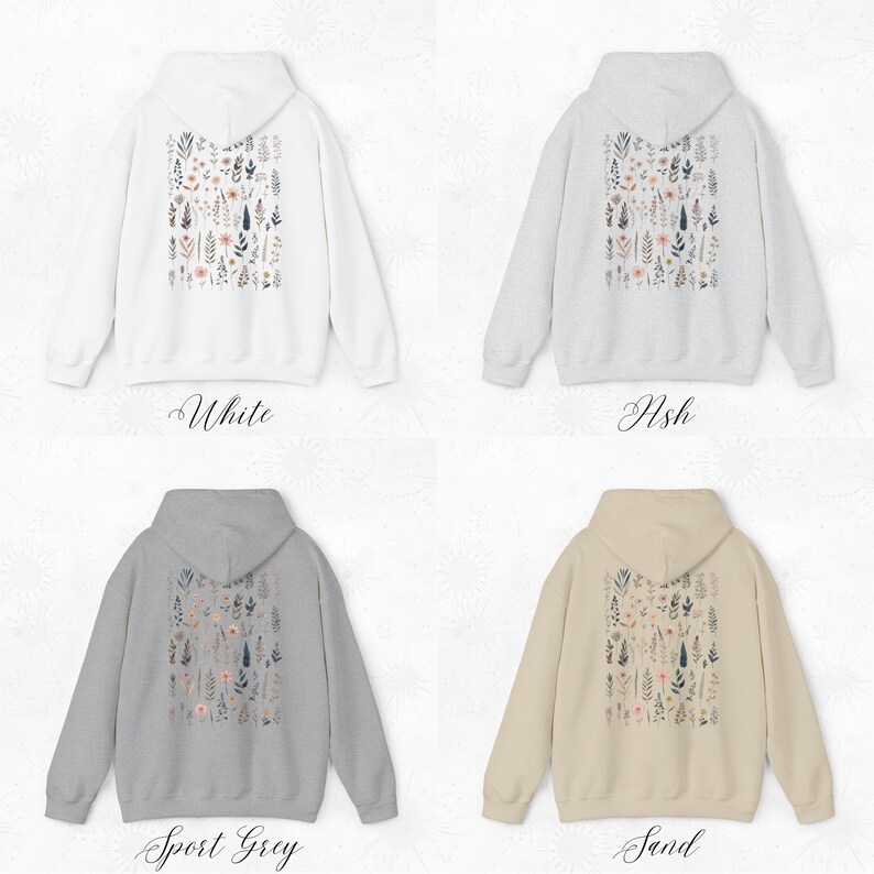 May include: Four hooded sweatshirts in different colors: white, ash, sport grey, and sand. Each sweatshirt features a floral print on the back.